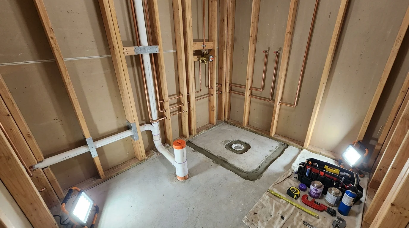 Bathroom rough-in plumbing during remodel by Johns Plumbing LLC in Labadieville