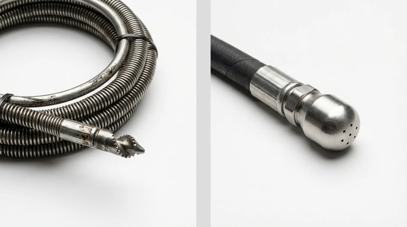 Drain snake cable and hydro jetting nozzle used for drain cleaning in Labadieville, LA