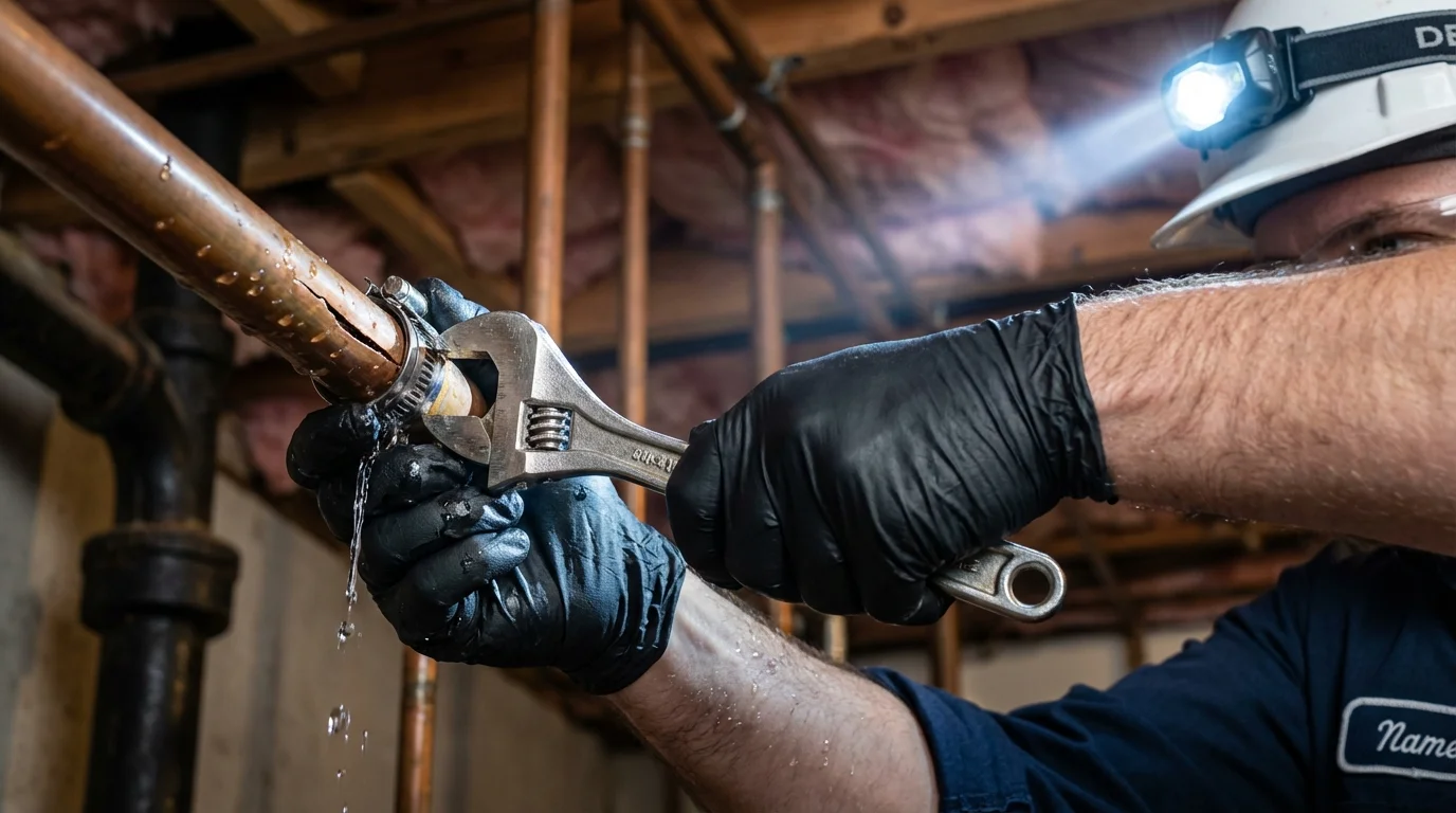 Emergency pipe clamp repair being performed by a Johns Plumbing LLC plumber in Labadieville