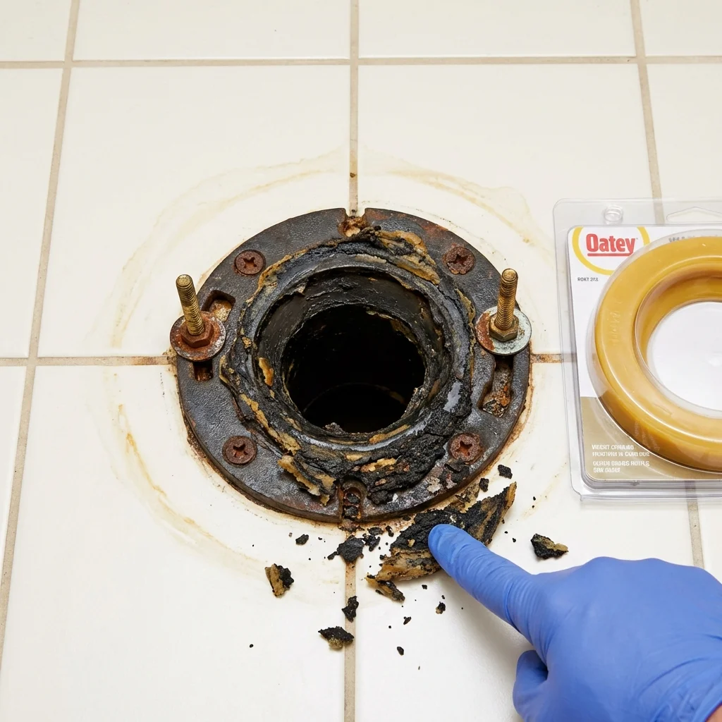 Failed wax ring showing water seepage at the base of a toilet in a Labadieville, LA home