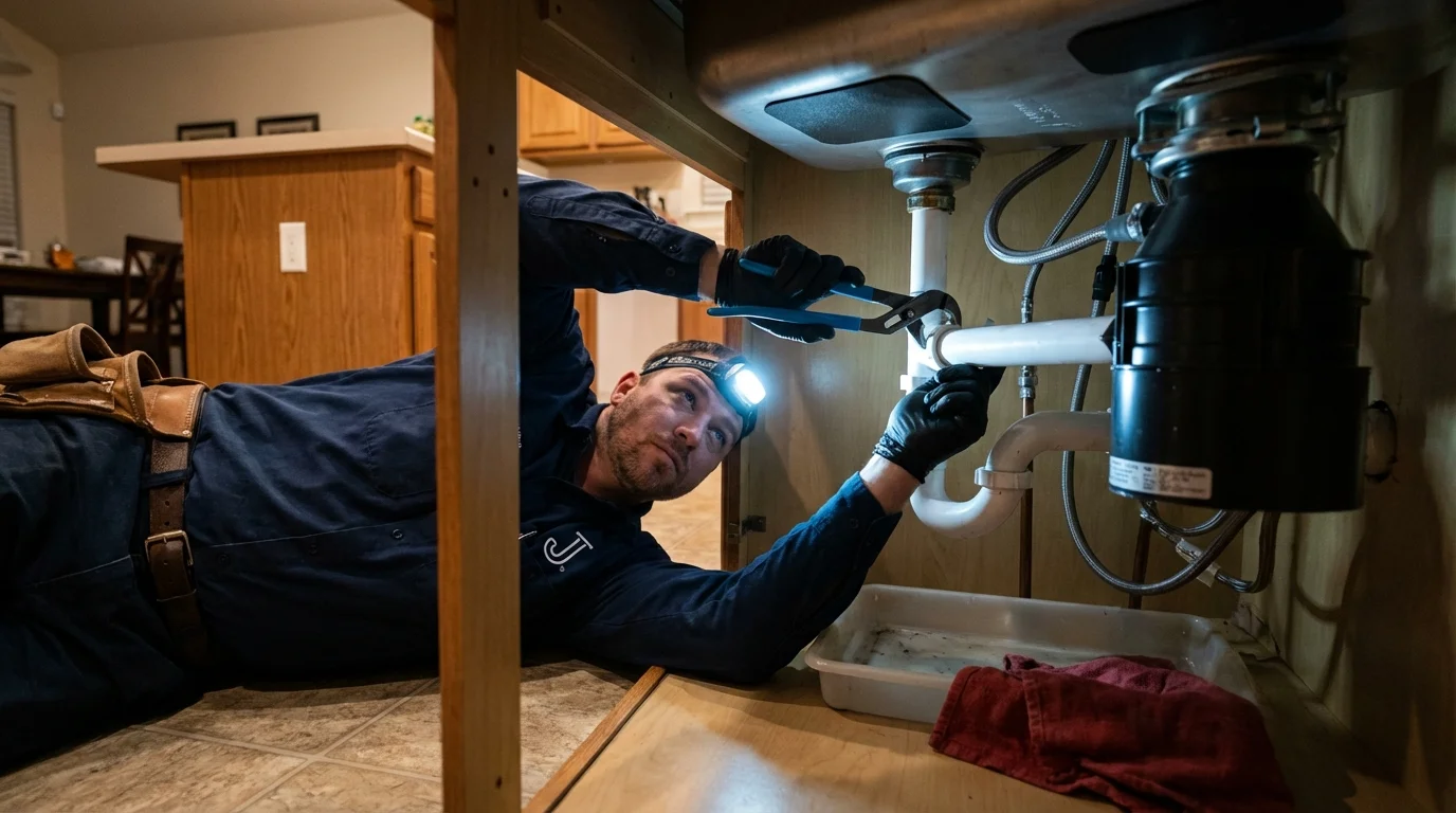P-trap and supply line connections under a kitchen sink showing a common leak point in Labadieville, LA
